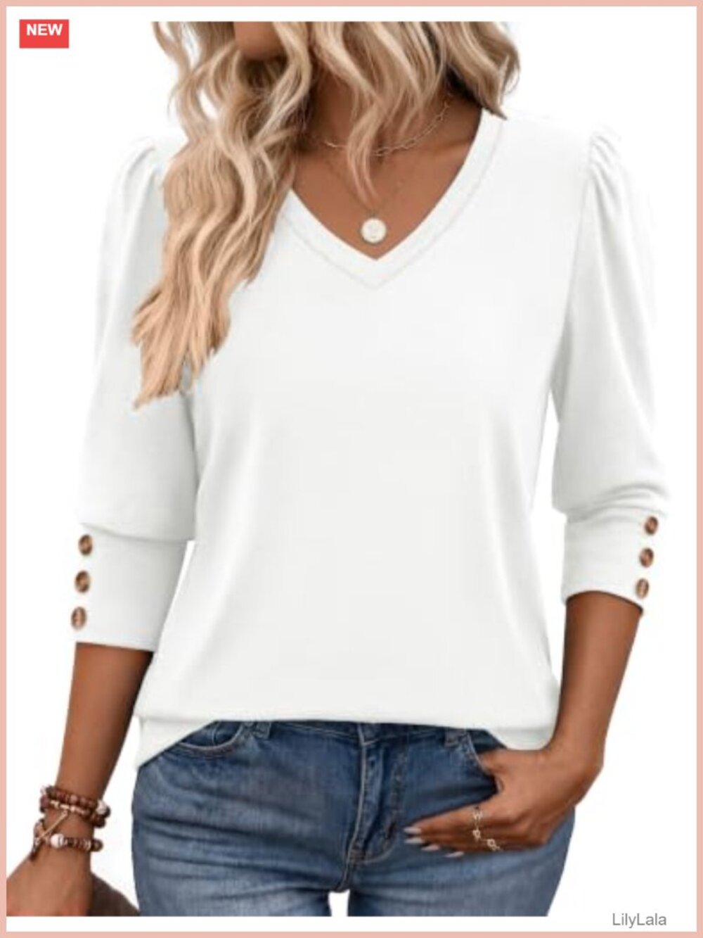 V-Neck 3/4 Puff Sleeve Tunic Top Buttoned Dressy Casual Blouse